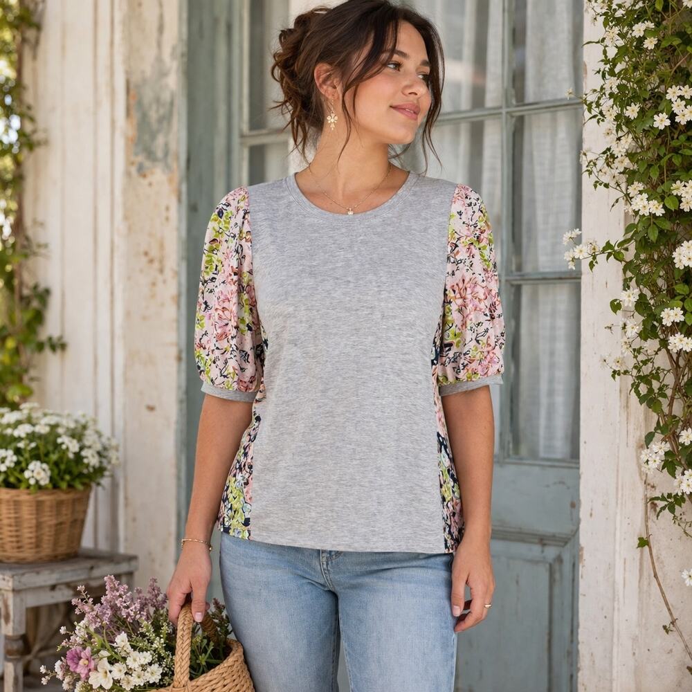 Maeve Gray Floral Mixed Media Puff Sleeve Suzanne Top Medium